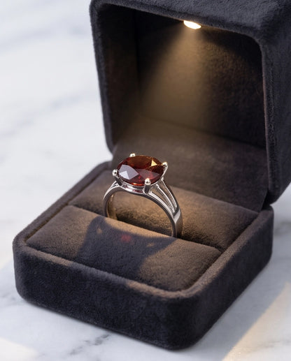 Silver Round Garnet Gemstone Solitaire Ring