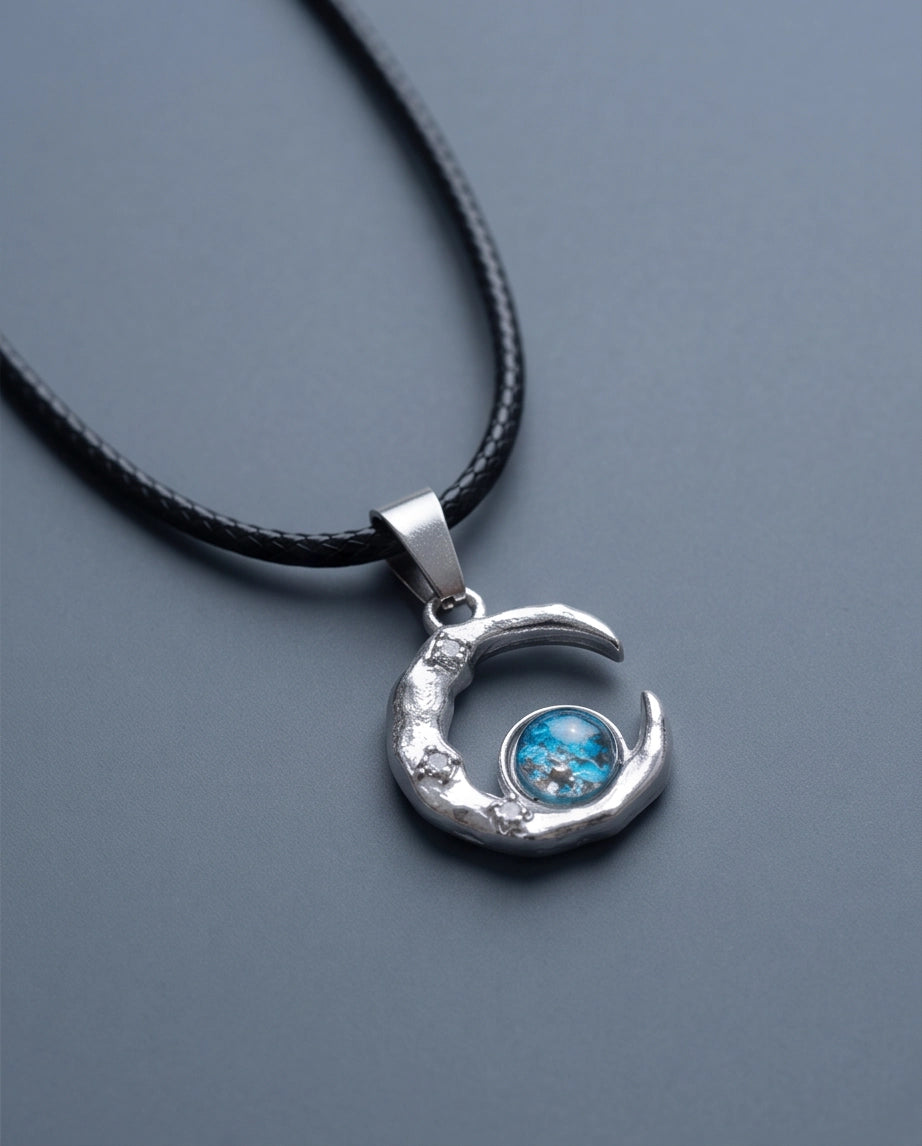 Silver Hammered Crescent Moon Blue Opal Orb Pendant Necklace