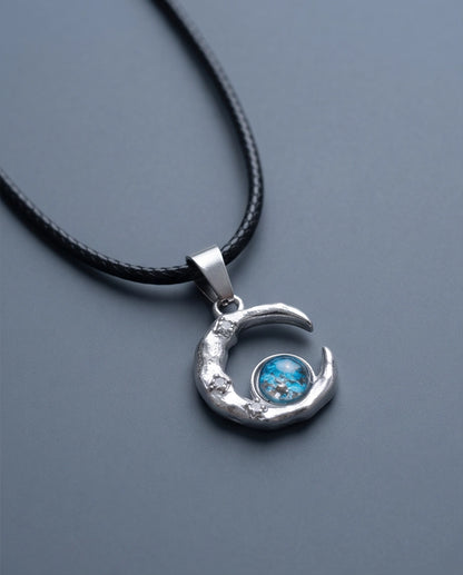 Silver Hammered Crescent Moon Blue Opal Orb Pendant Necklace