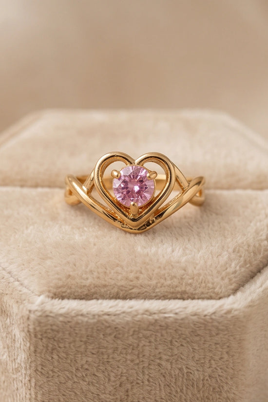Gold Pink Tourmaline Heart Openwork Ring