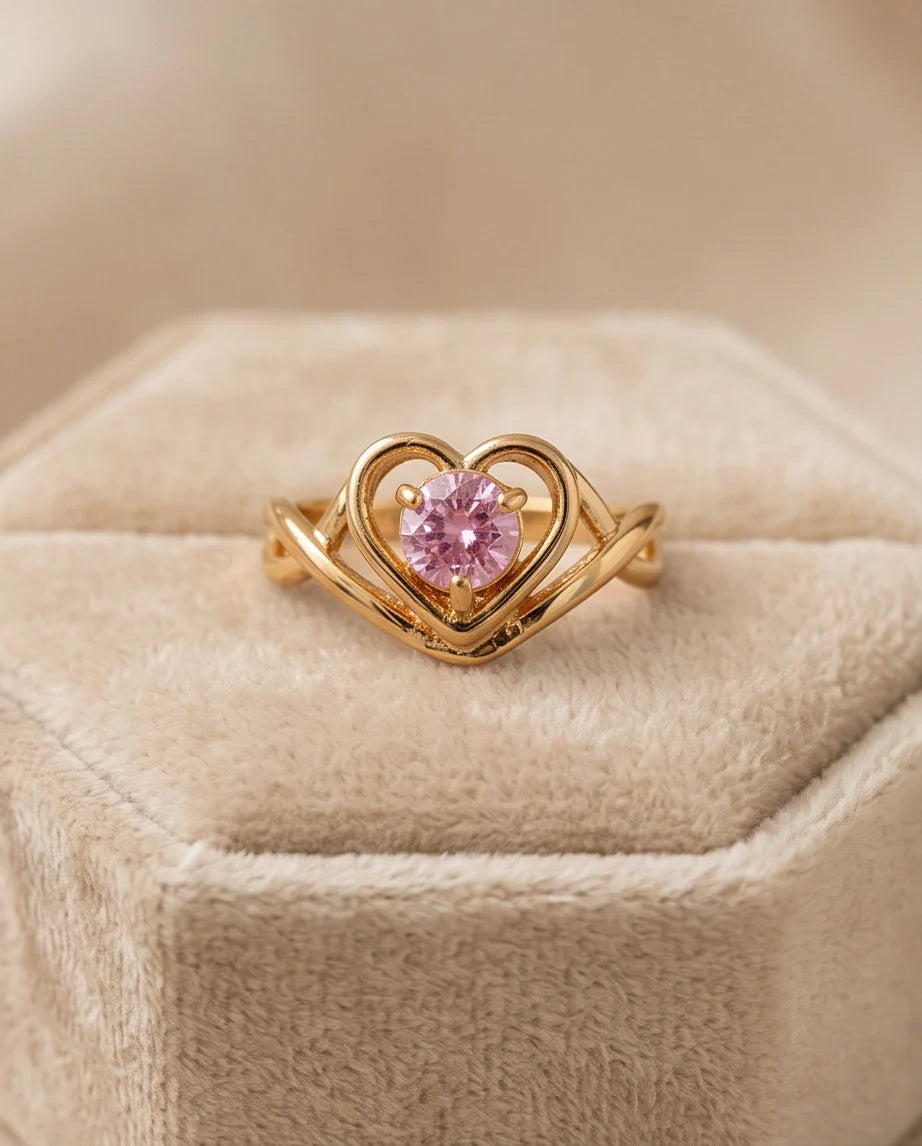 Gold Pink Tourmaline Heart Openwork Ring