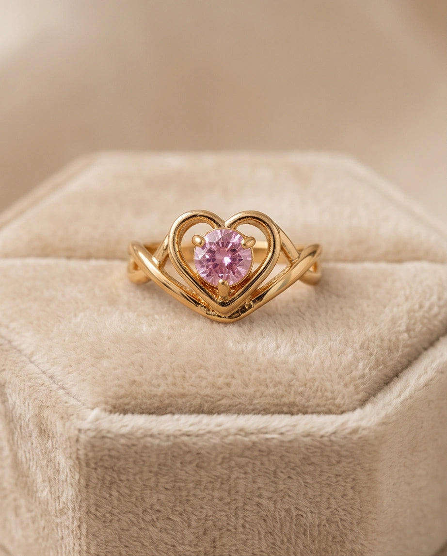 Gold Pink Tourmaline Heart Openwork Ring