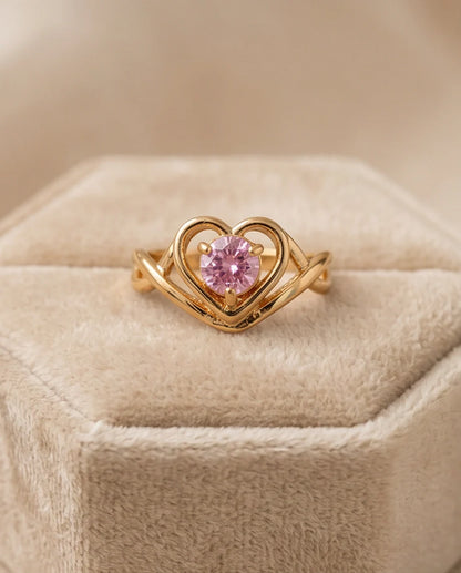 Gold Pink Tourmaline Heart Openwork Ring