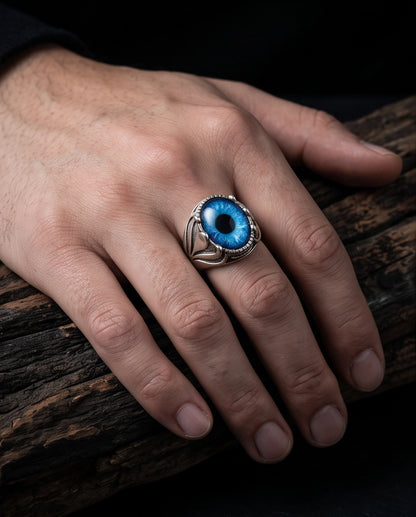 Sapphire Blue Evil Eye Cabochon Prong-Set Silver Ring