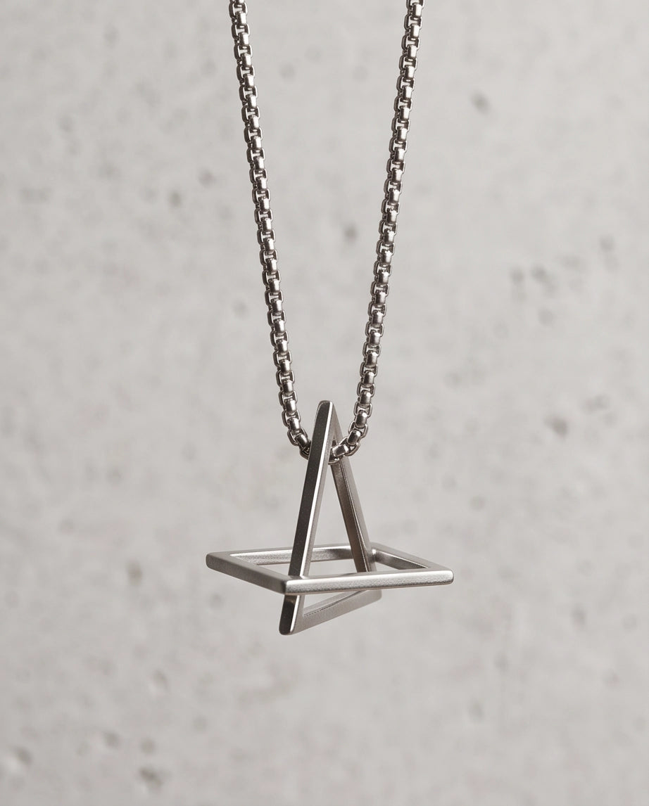 Silver Geometric Intersecting Triangle and Square Pendant Necklace