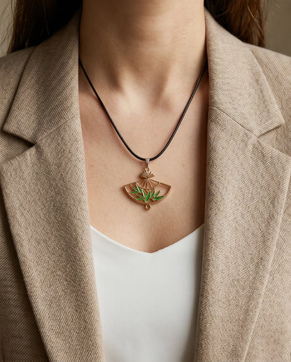 Green Bamboo Fan Pendant Necklace