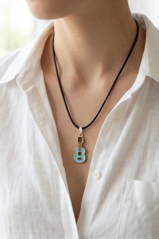 Gold and Light Blue Acoustic Guitar Necklace