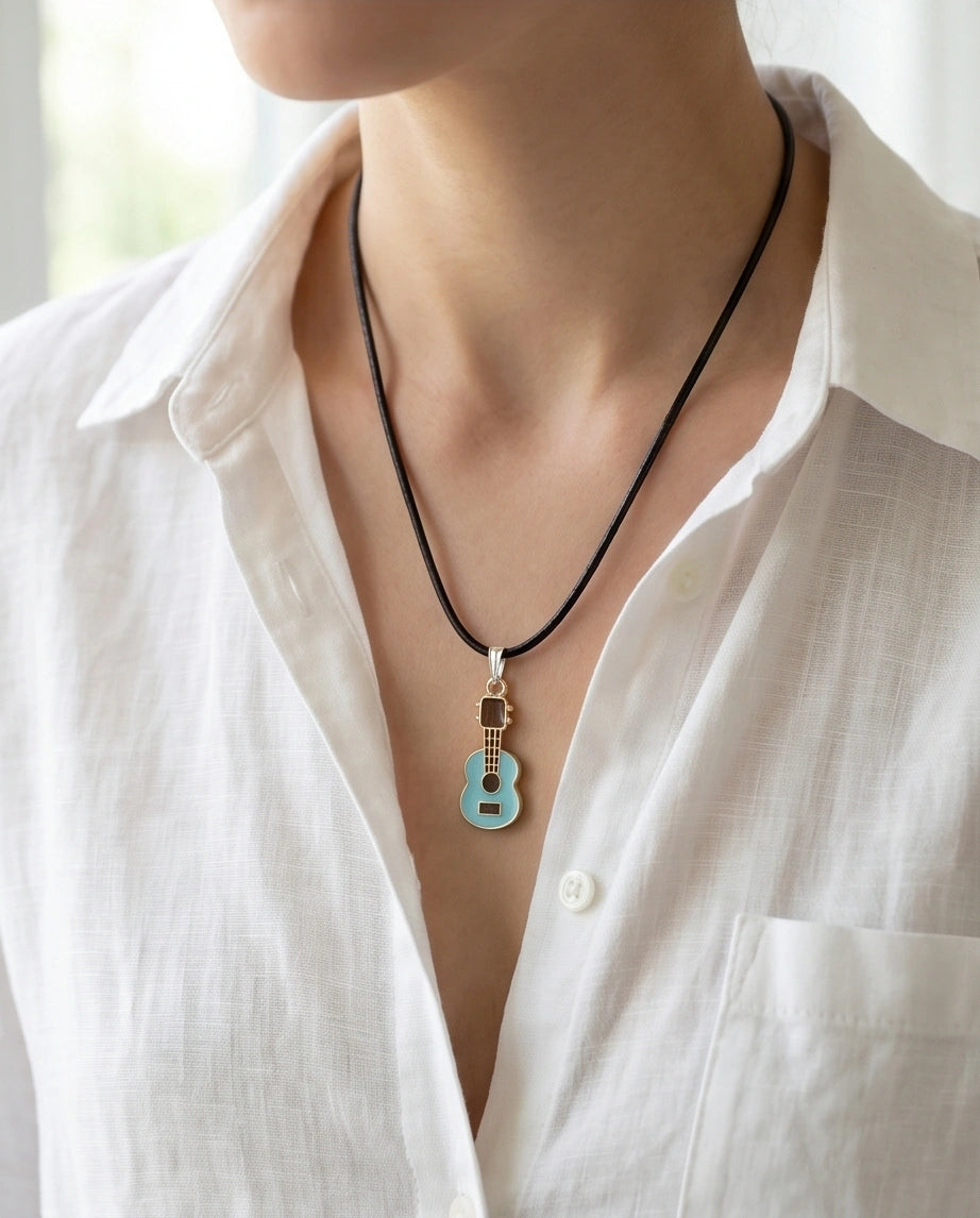 Gold and Light Blue Acoustic Guitar Necklace