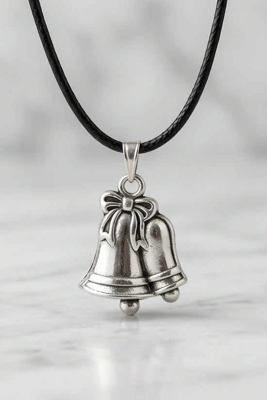 Silver Double Bells Ribbon Pendant Necklace
