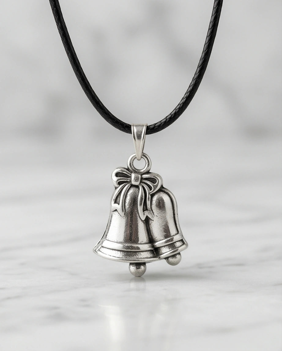Silver Double Bells Ribbon Pendant Necklace