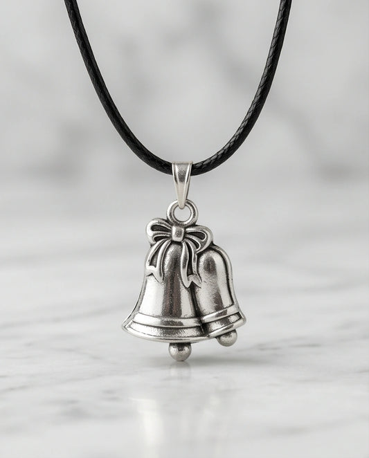 Silver Double Bells Ribbon Pendant Necklace