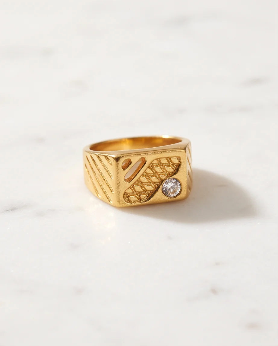 Abstract Textured Multi-Inlay Asymmetrical Signet Gold Ring