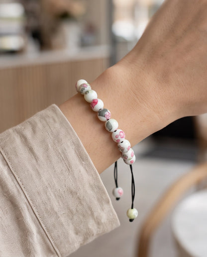 Cherry Blossom Patterned Ceramic Beaded Adjustable Macrame Bracelet