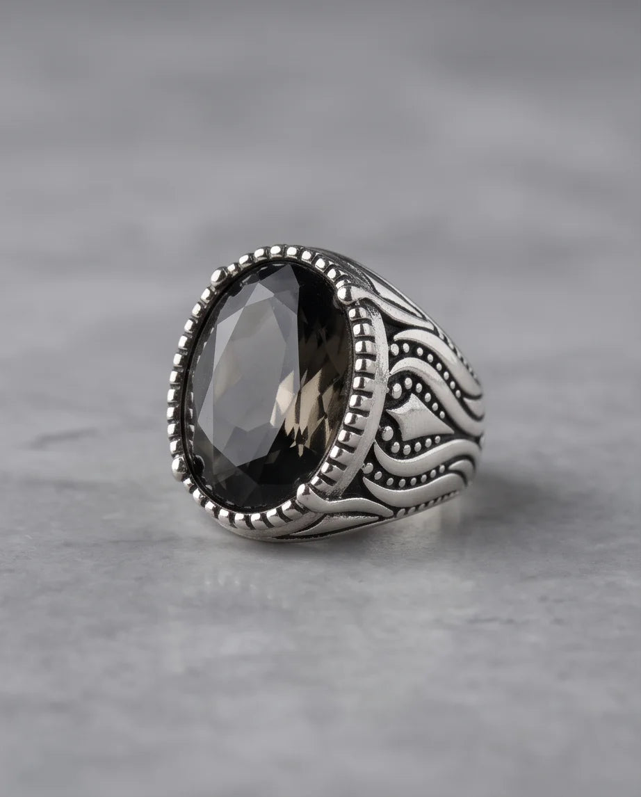 Obsidian Gemstone Beaded Frame Flame Silver Ring