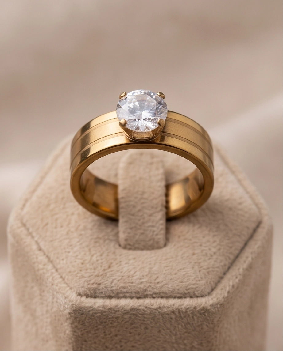 Gold Round Gemstone Wide-Band Solitaire Ring