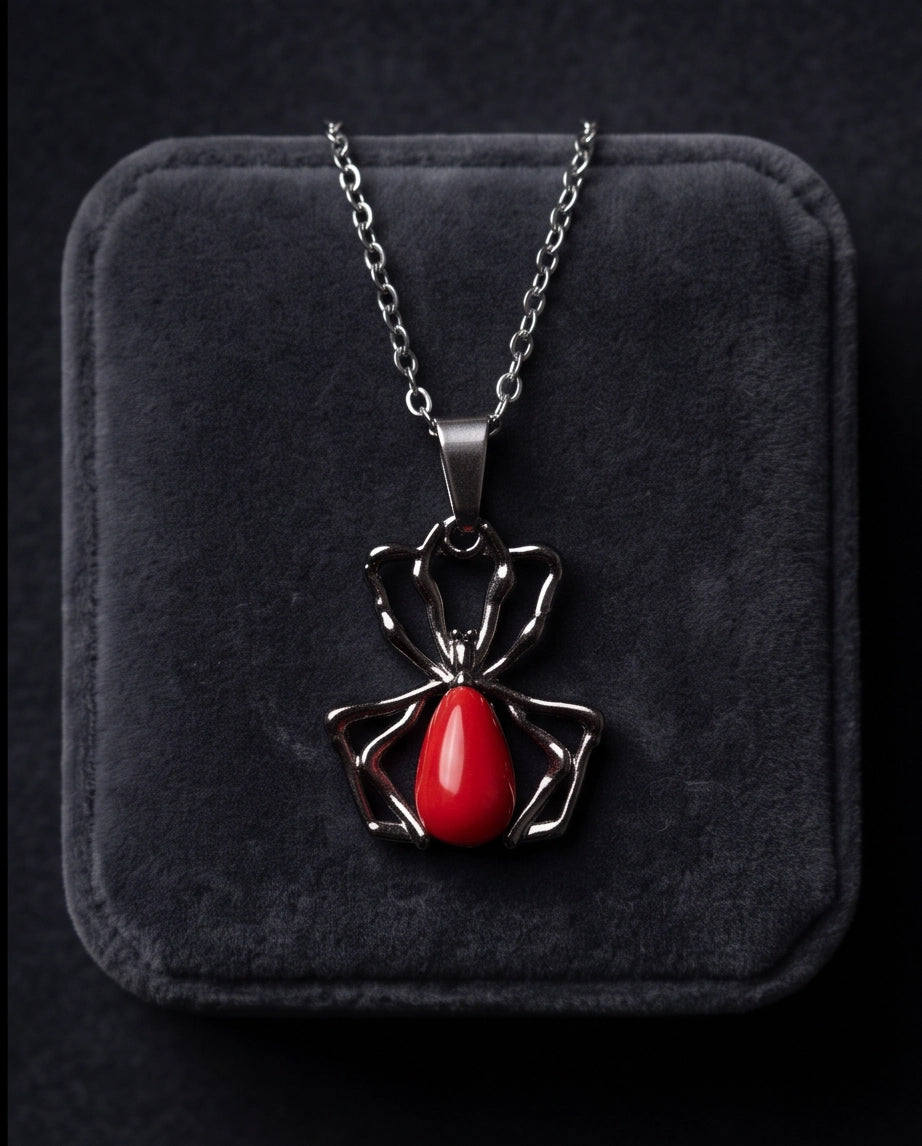 Silver Spider Red Gemstone Pendant Necklace