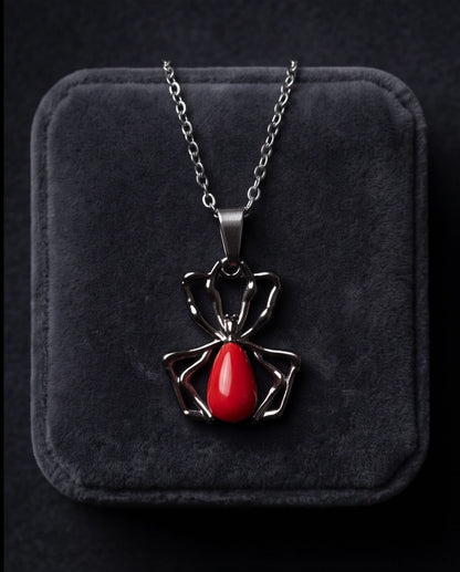 Silver Spider Red Gemstone Pendant Necklace