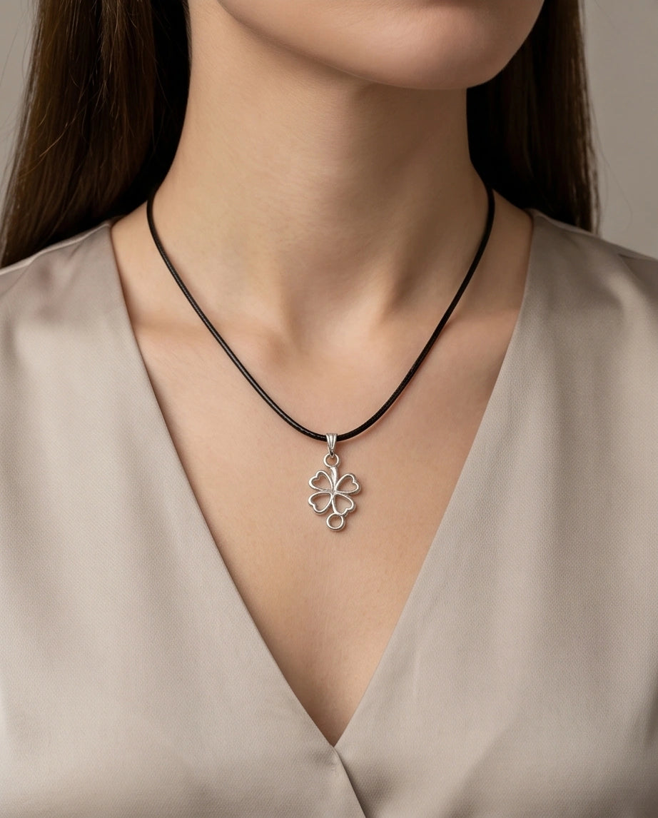 Silver Open Heart Four-Leaf Clover Necklace
