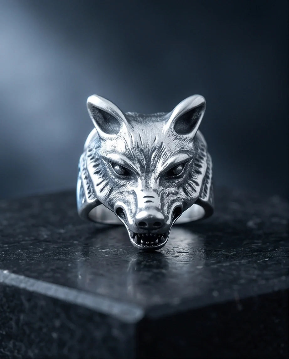 Vintage Silver Oxidized Wolf Head Viking Statement Ring