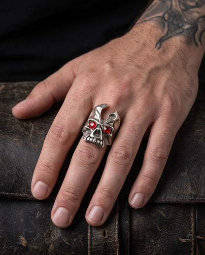 Ruby-Eyed Gothic Horned Skull Silver Ring