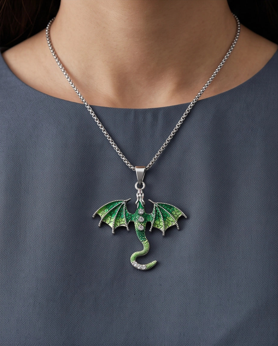 Silver Green Enamel Dragon Wyvern Pendant Necklace