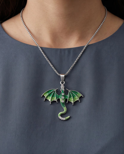 Silver Green Enamel Dragon Wyvern Pendant Necklace