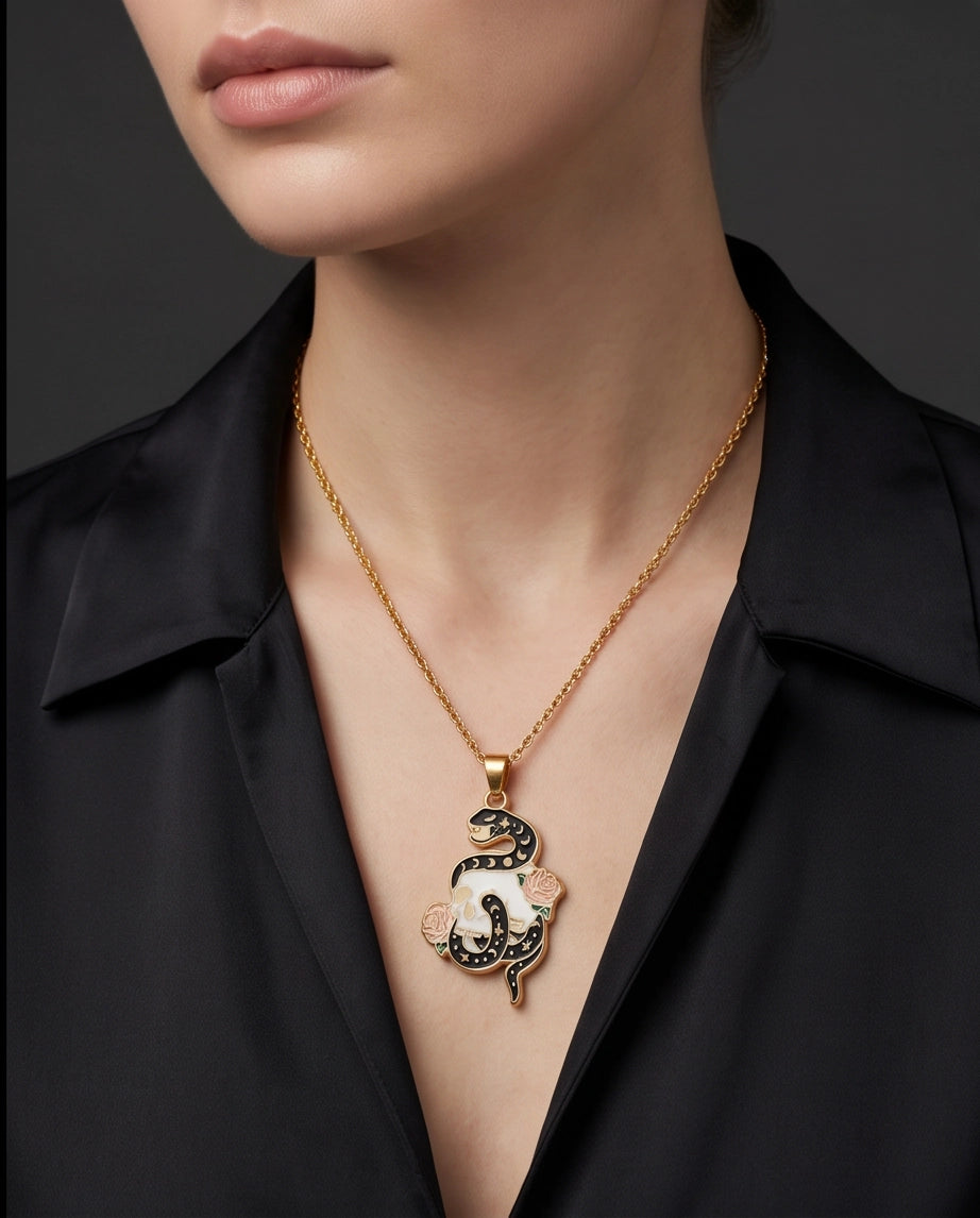 Gold Snake, Skull & Rose Enamel Pendant Necklace