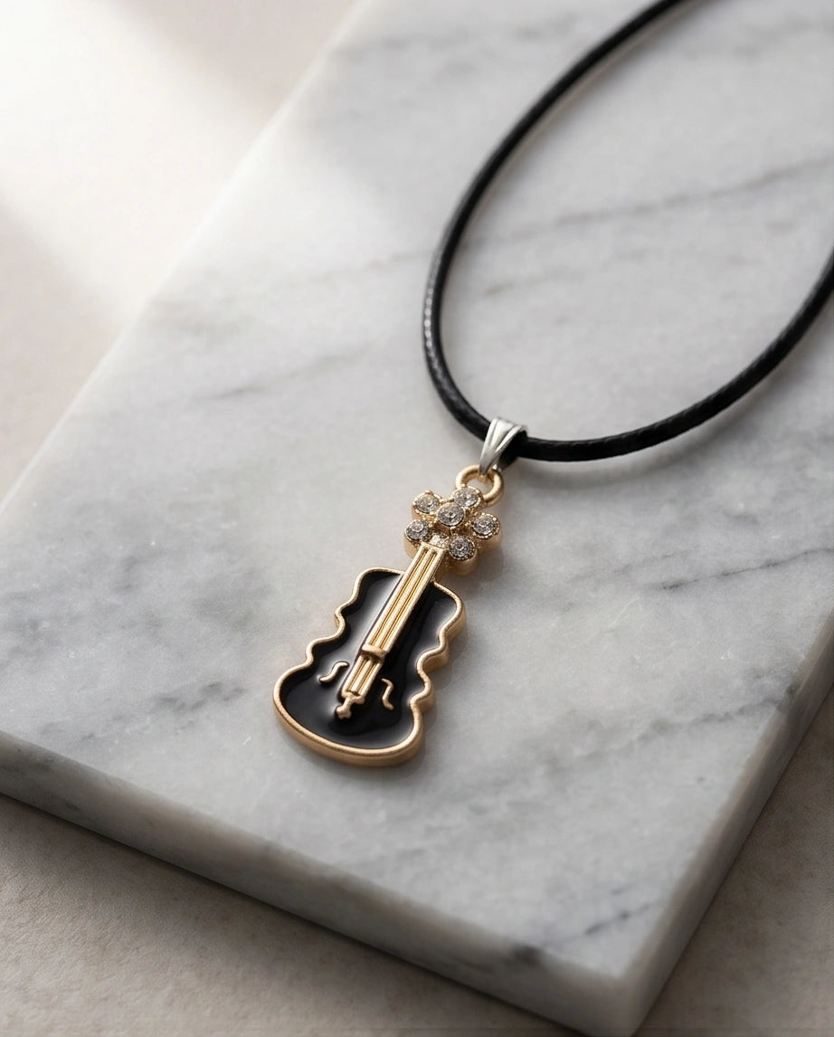 Gold and Black Enamel Violin Necklace