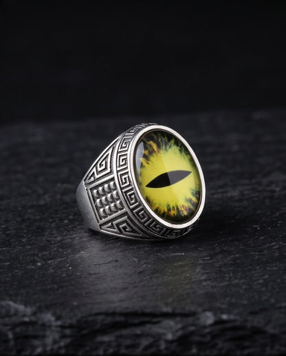 Golden-Yellow Slit-Pupil Dragon-Eye Greek Key Silver Ring