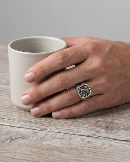 Arachnid Stippled Square Signet Silver Ring
