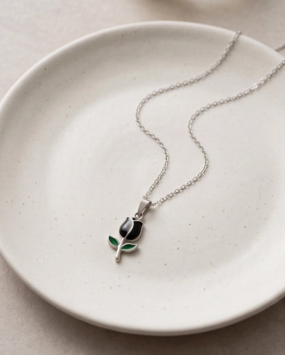 Silver Black Enamel Tulip Pendant Necklace