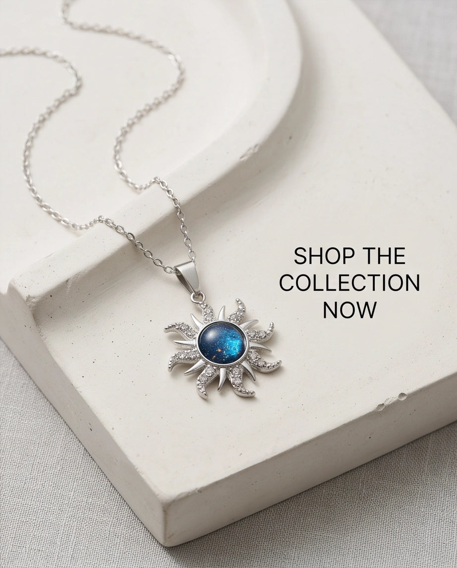 Silver Crystal Celestial Sunburst Galaxy Pendant Necklace