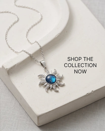 Silver Crystal Celestial Sunburst Galaxy Pendant Necklace