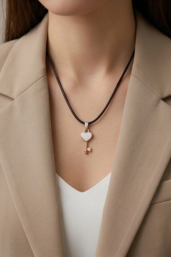 Gold and White Heart Key Pendant Necklace
