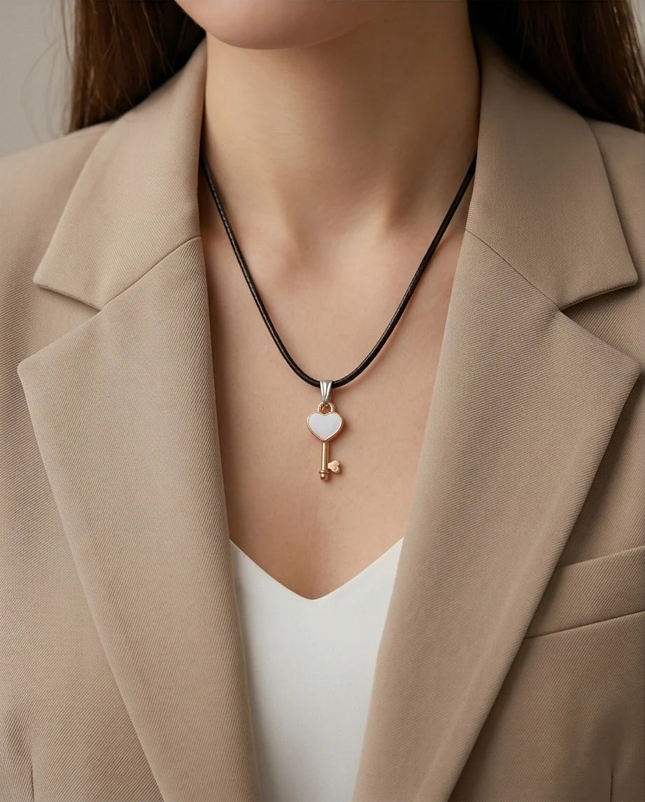 Gold and White Heart Key Pendant Necklace