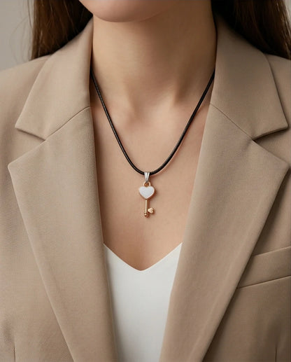 Gold and White Heart Key Pendant Necklace