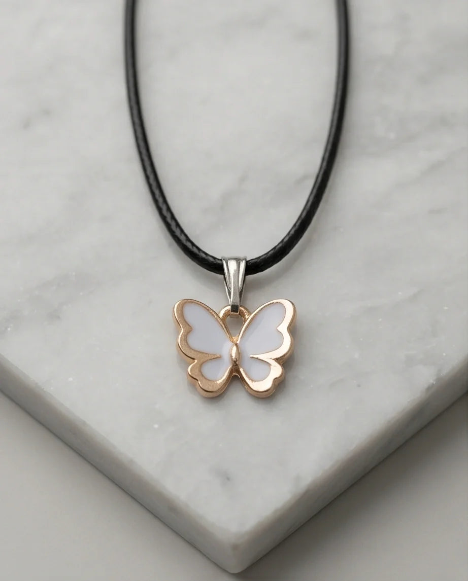 Gold and White Butterfly Pendant Necklace