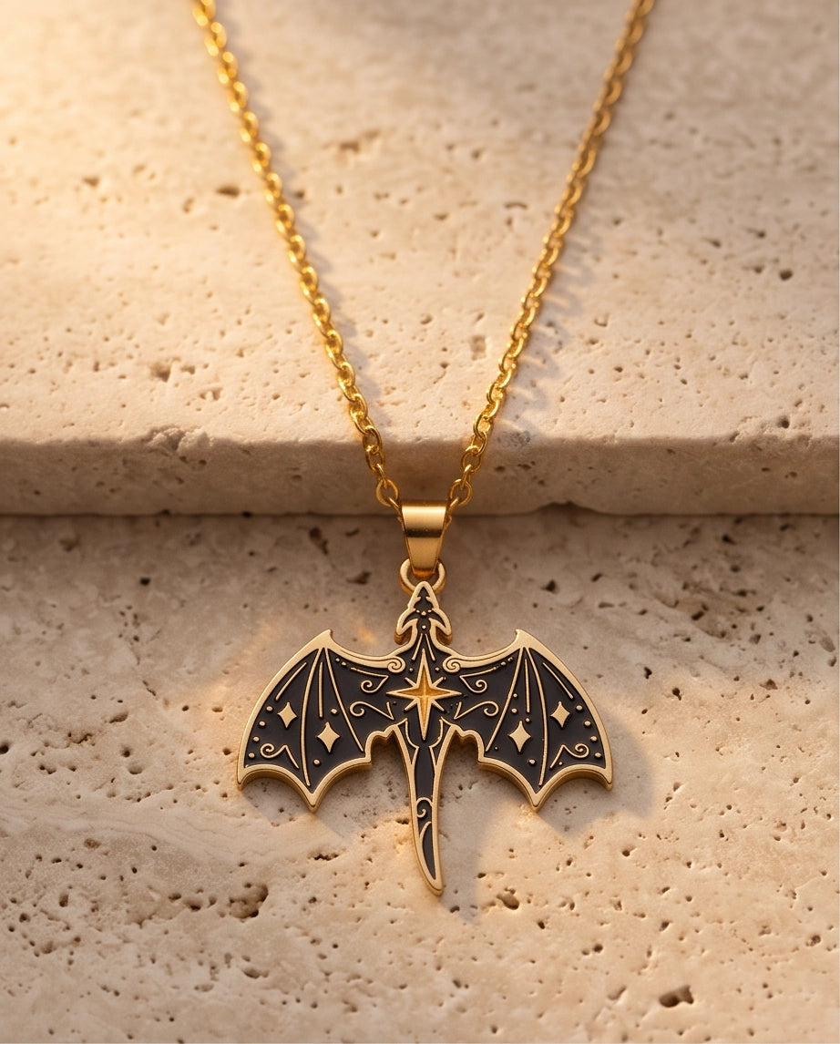 Gold Celestial Bat Enamel Pendant Necklace