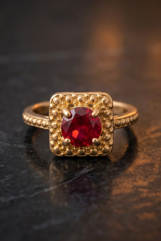 Vintage Gold Ruby Square Granulation Halo Ring