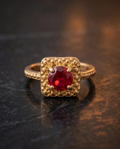 Vintage Gold Ruby Square Granulation Halo Ring