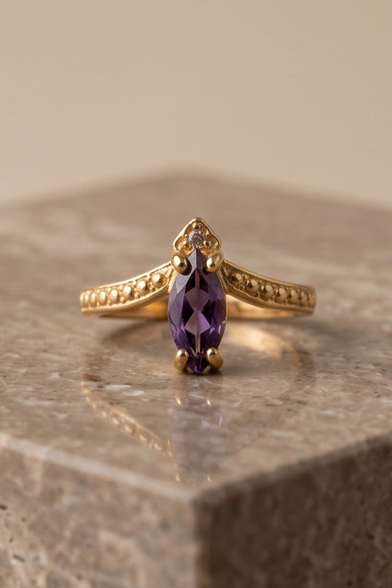 "Amethyst Aura" – Marquise Cut Gold Ring