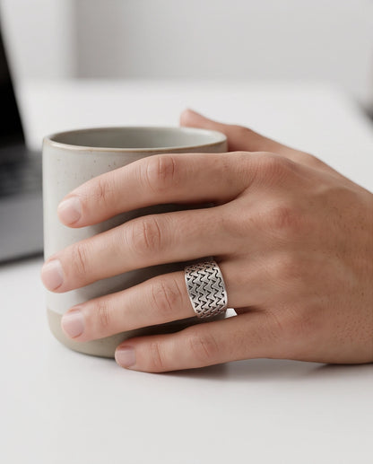 Interlocking Triangular Mosaic Silver Band