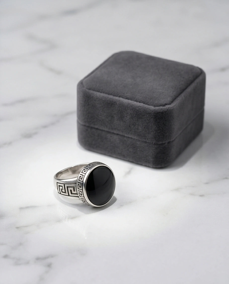 Minimalist Greek Key Onyx Signet Ring