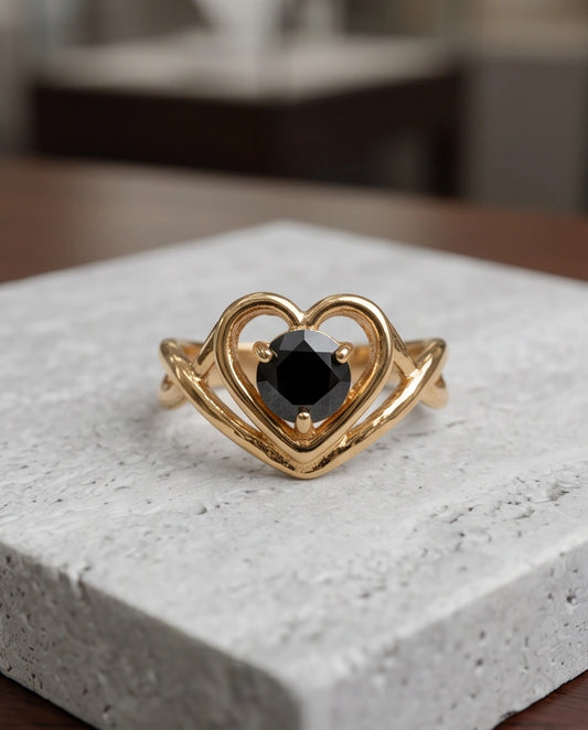 14K Gold Black Diamond Heart Openwork Ring