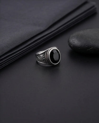 Onyx-Style Faceted Oval Rope-Trim Kanji Character Silver Ring