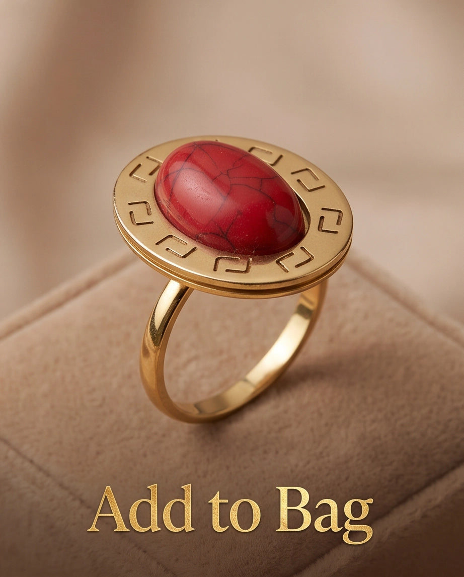 Solstice Greek Key Crimson Cabochon Ring