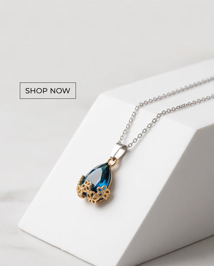 Gold Sapphire Teardrop Floral Basket Pendant Necklace