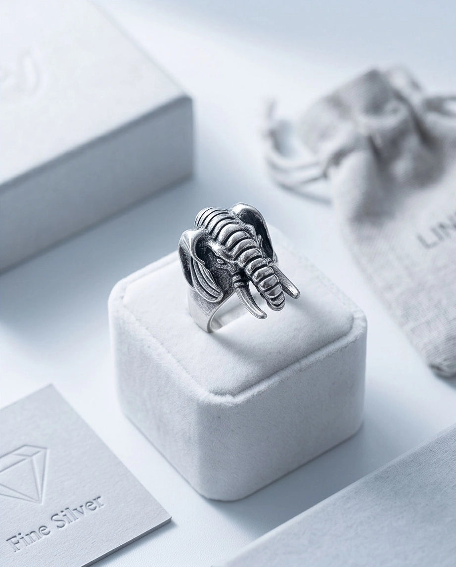 Oxidized Silver Sculpted Elephant Signet Ring