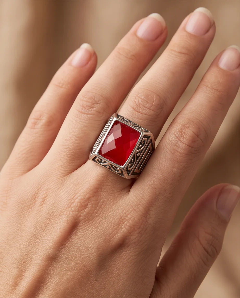 Scarlet Gemstone Filigree Bezel Rectangular Silver Ring