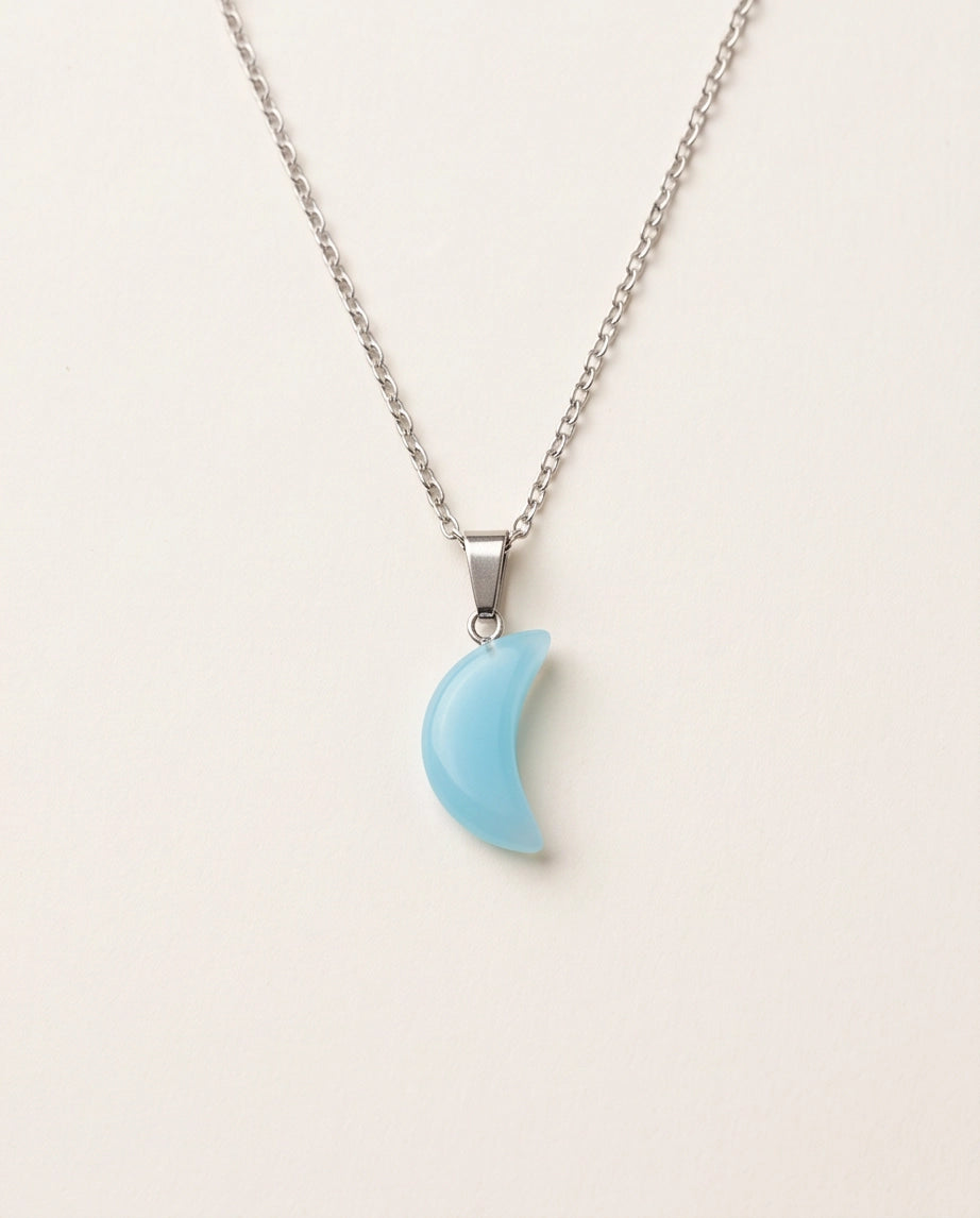 Silver Light Blue Crescent Moon Resin Pendant Necklace